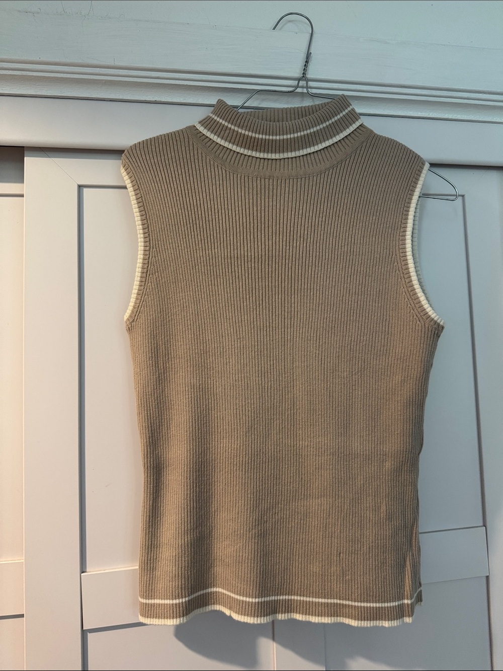 Sleeveless Ribbed Mock Neck Tank - Beige with White Trim